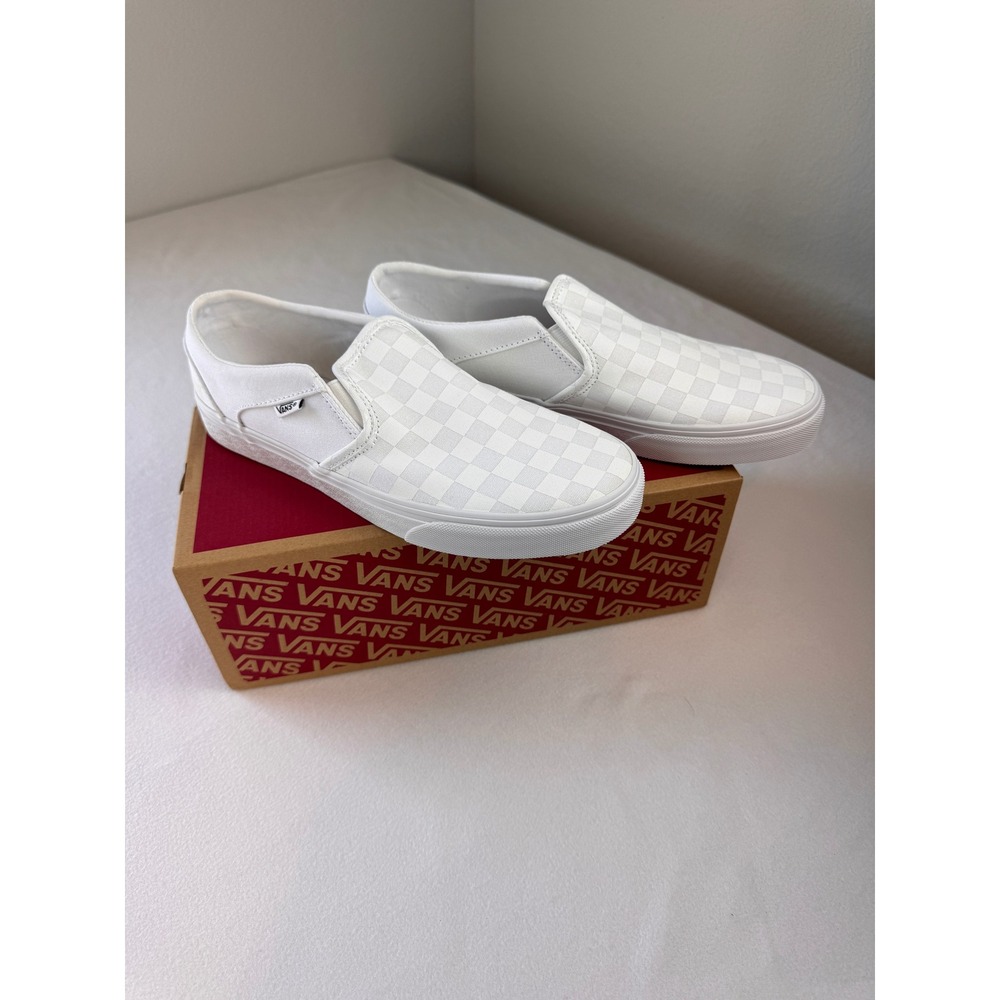 Vans Asher Checkerboard Slip-On Sneakers White Canvas Shoes Women's 9.5 New